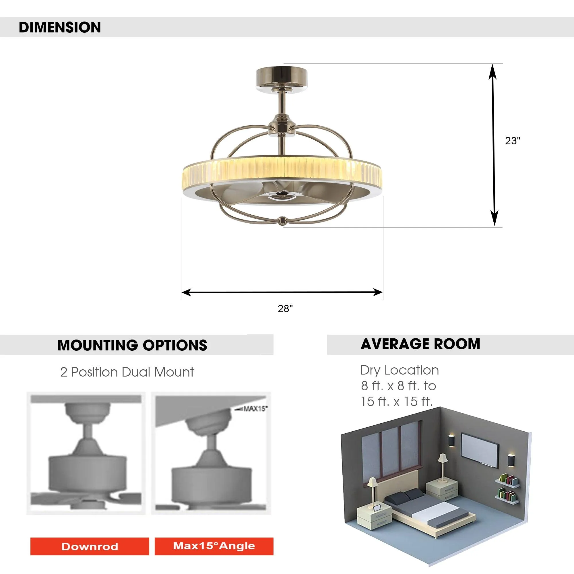 27" Industrial DC Motor Brushed Nickel Downrod Mount Reversible Crystal Ceiling Fan with Lighting and Remote Control