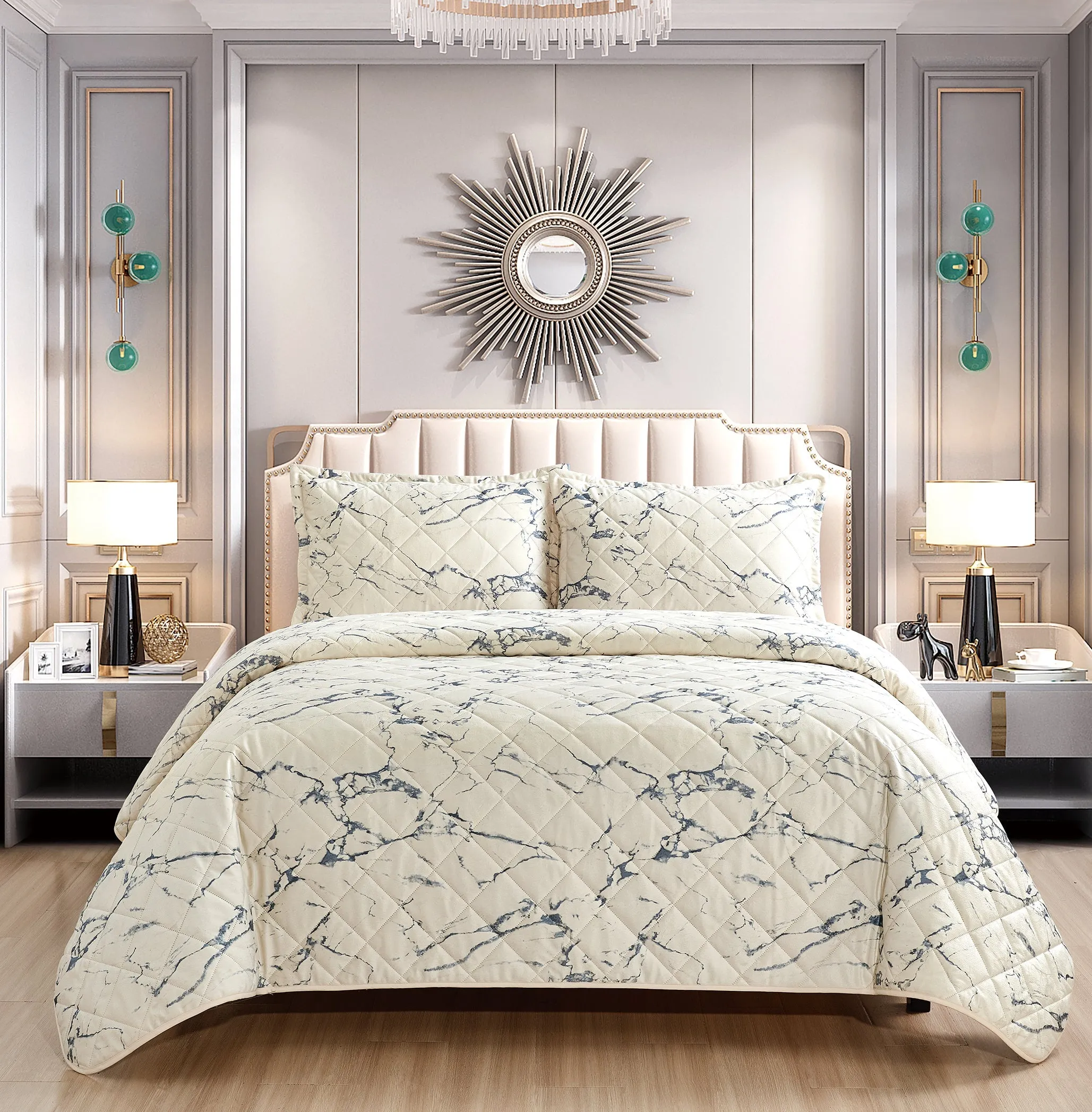 3 Piece Velvet Bedspread Set Quilted Bed Throw Marble Design Bed Set & 2 Pillow Shams (Cream)