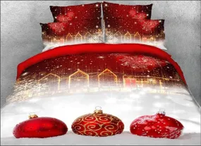 3D Red Christmas Ball Ornaments Printed Cotton Luxury 4-Piece Bedding Sets/Duvet Covers