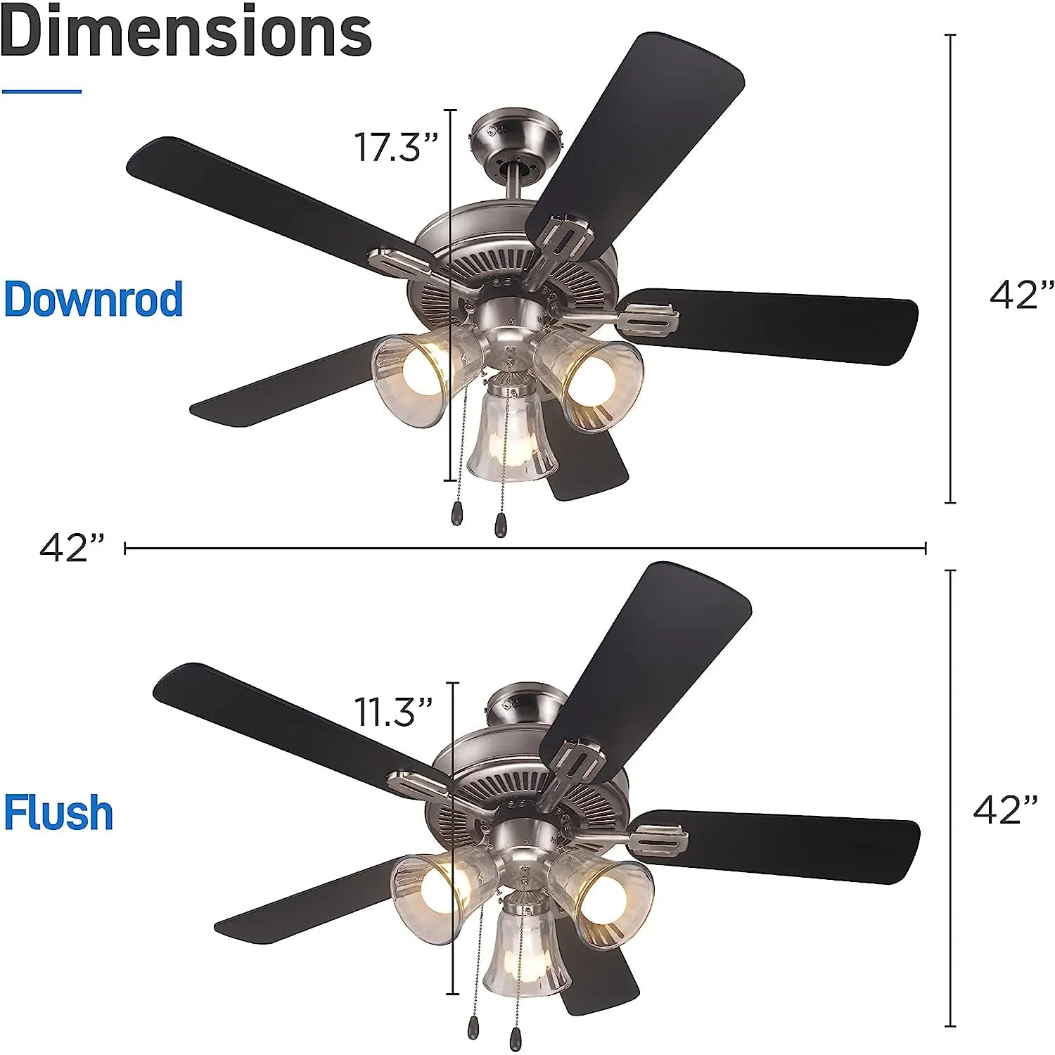 42� Contemporary 3 Lights Ceiling Fan with Rosewood/Black Blades and Pull Chain