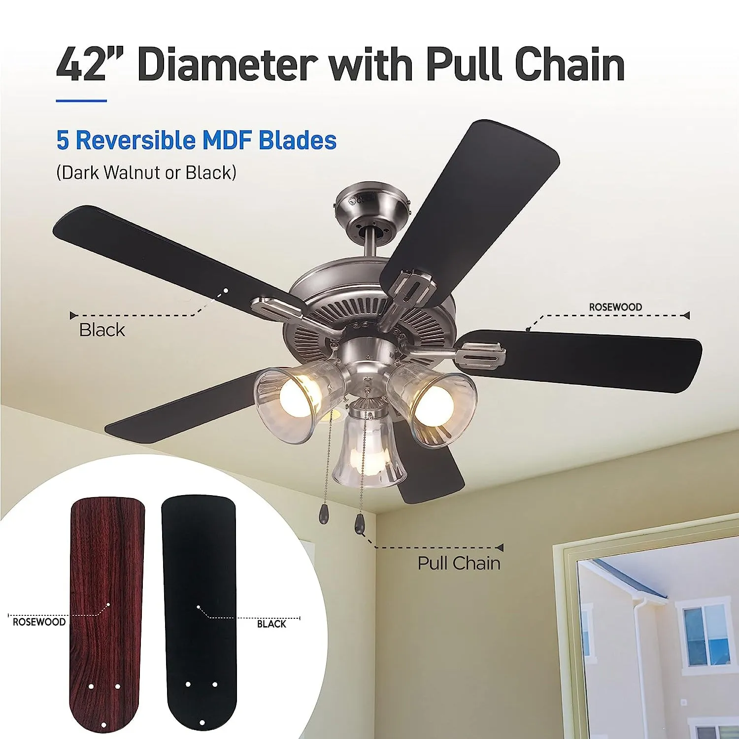 42� Contemporary 3 Lights Ceiling Fan with Rosewood/Black Blades and Pull Chain