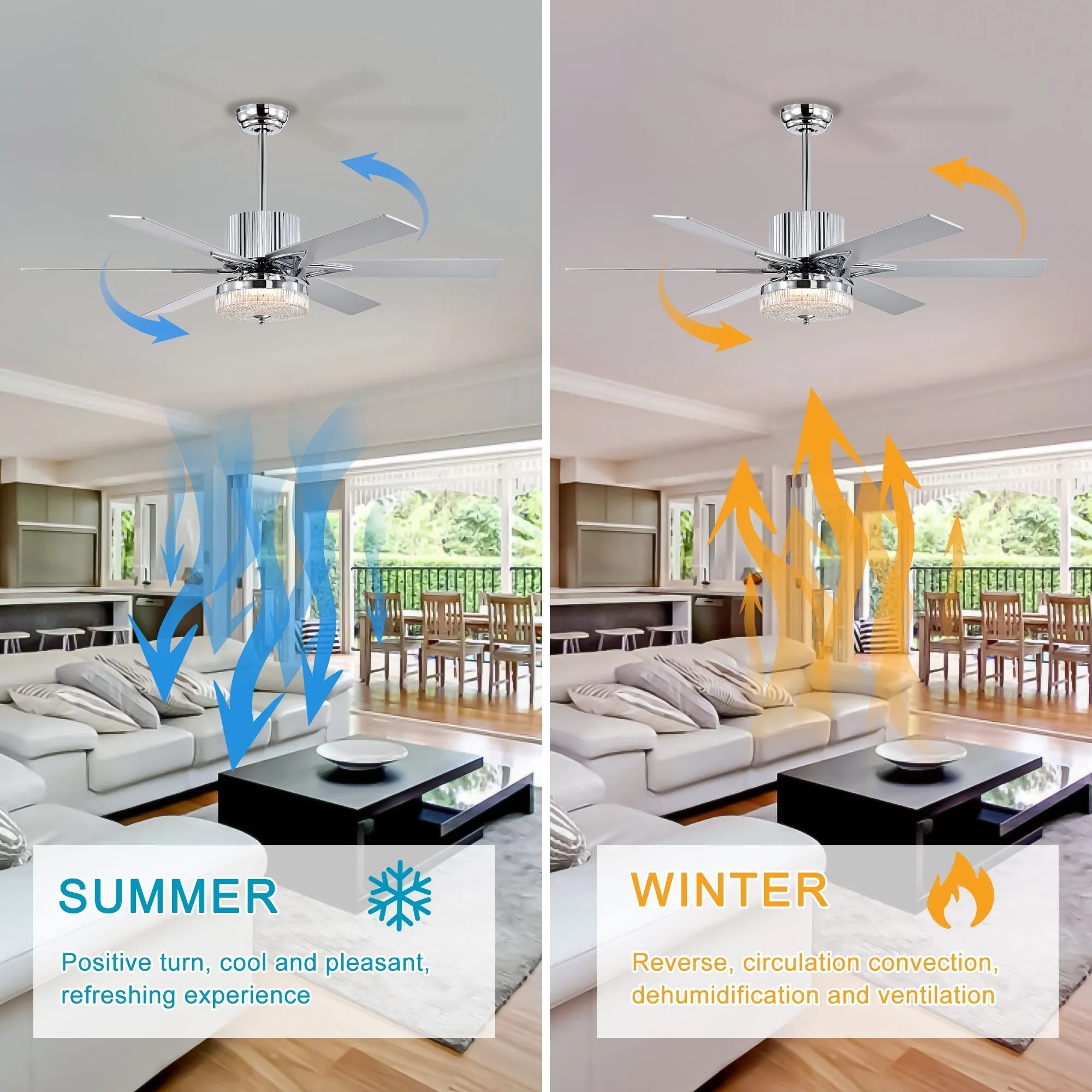 52'' Modern Ceiling Fans with Remote, Wood Ceiling Fan with Lights, LED Ceiling Fan Light with 6 Blade, 3 Speed AC Motor Indoor Ceiling Fan--Chrome