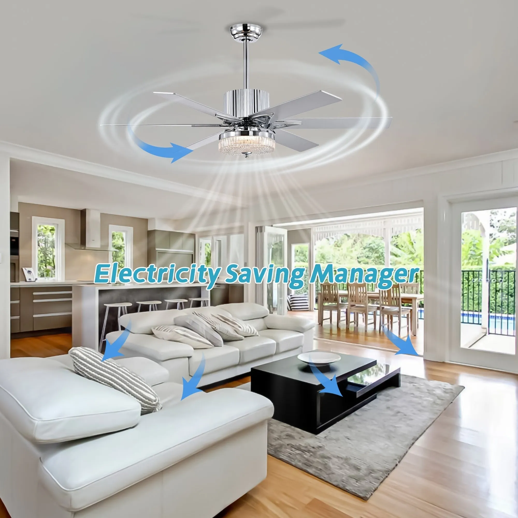 52'' Modern Ceiling Fans with Remote, Wood Ceiling Fan with Lights, LED Ceiling Fan Light with 6 Blade, 3 Speed AC Motor Indoor Ceiling Fan--Chrome