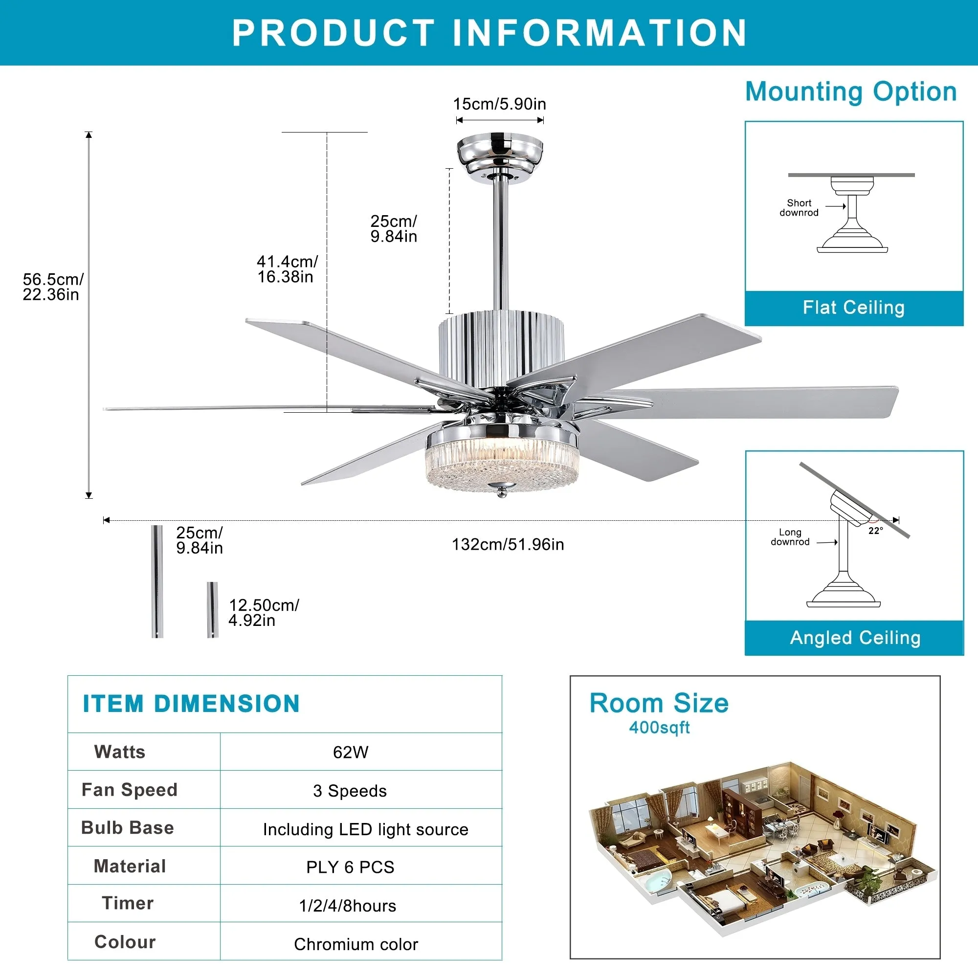 52'' Modern Ceiling Fans with Remote, Wood Ceiling Fan with Lights, LED Ceiling Fan Light with 6 Blade, 3 Speed AC Motor Indoor Ceiling Fan--Chrome