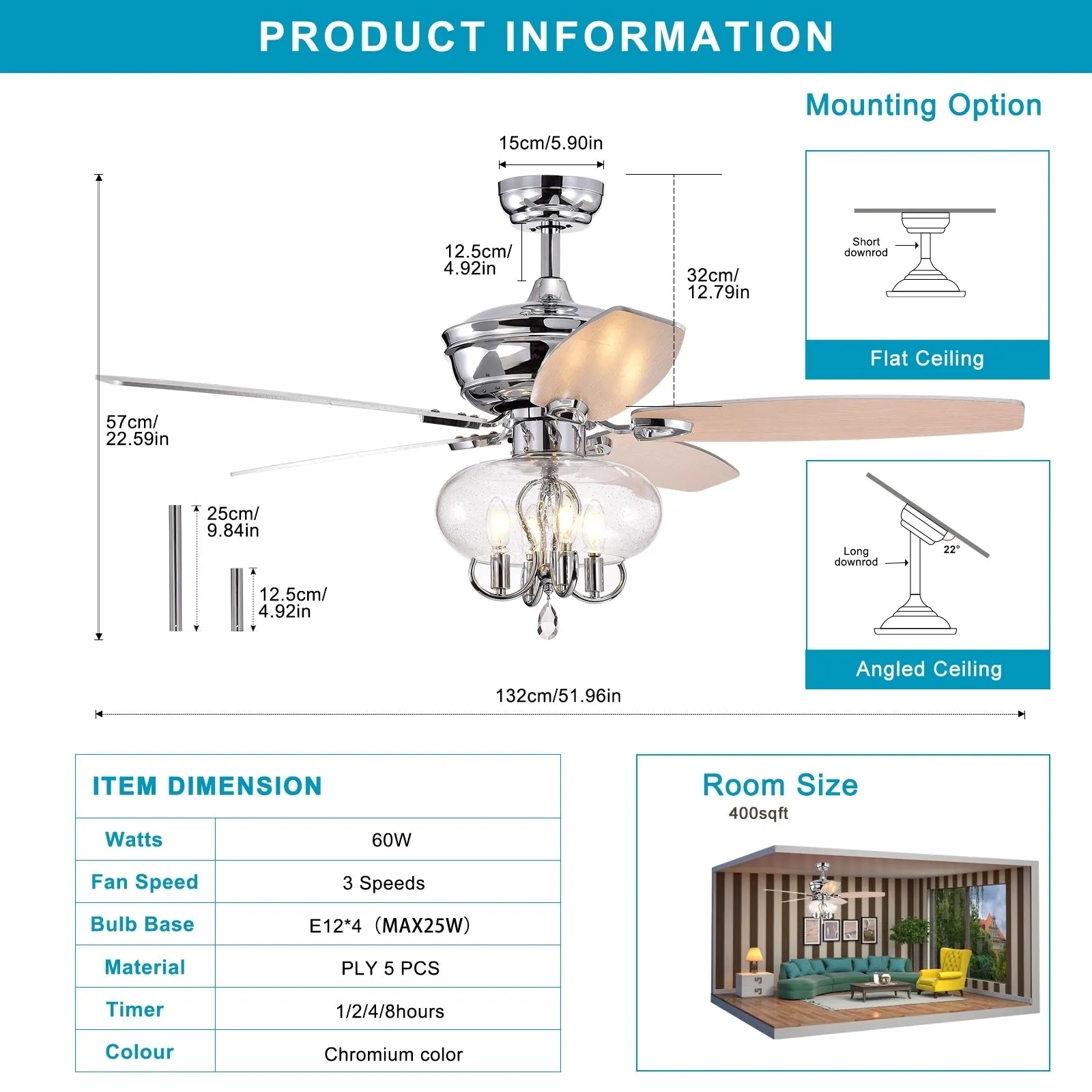 52" Glass Chandeliers Fan with Remote, Classic, Glam, Traditional, Transitional, Chrome