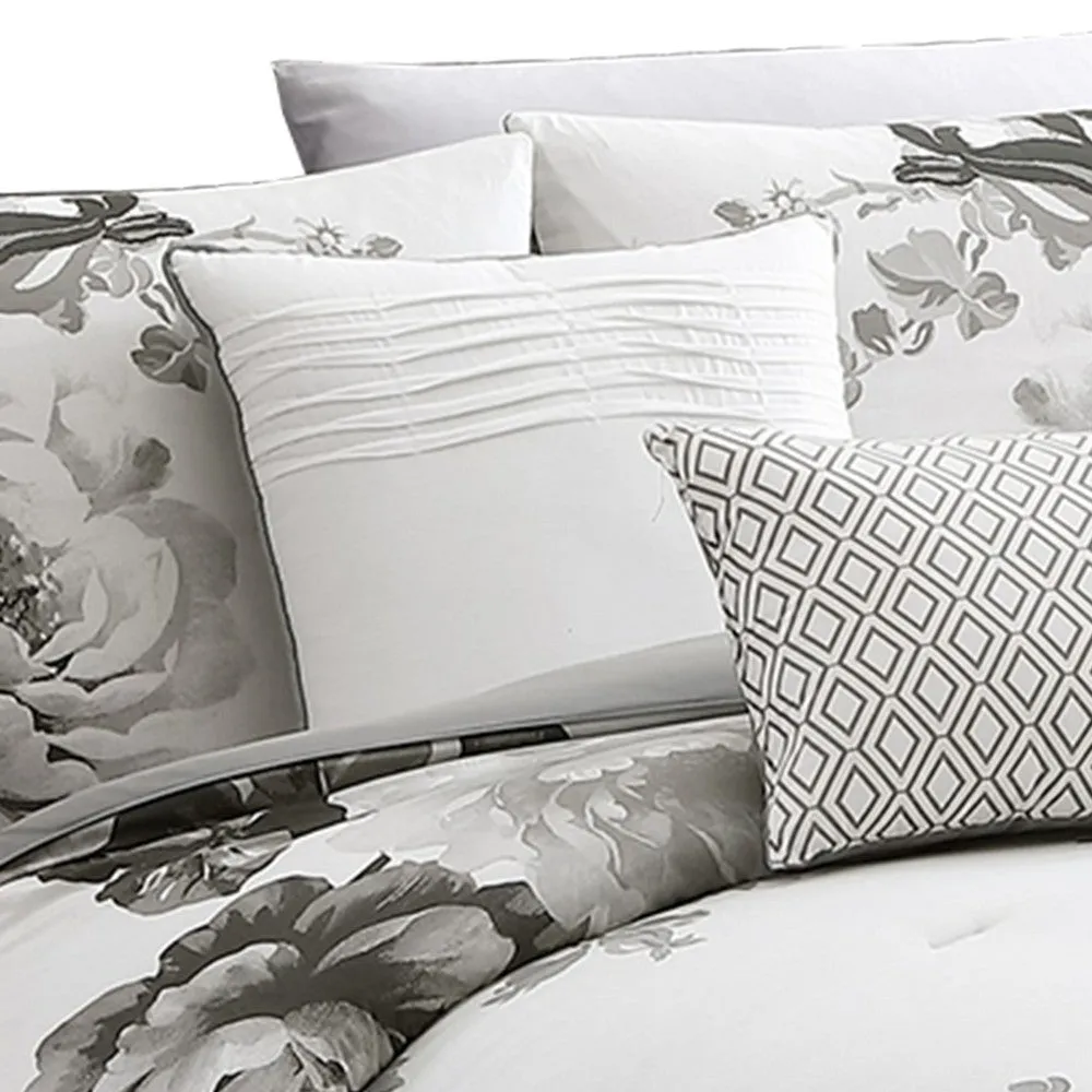 7 Piece Cotton King Comforter Set with Floral Print, Gray and White By Casagear Home