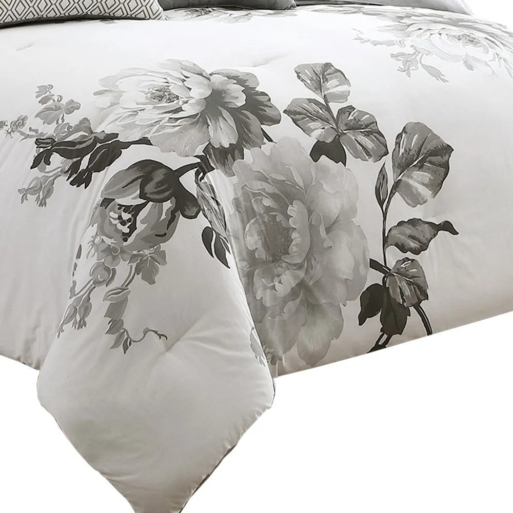 7 Piece Cotton King Comforter Set with Floral Print, Gray and White By Casagear Home