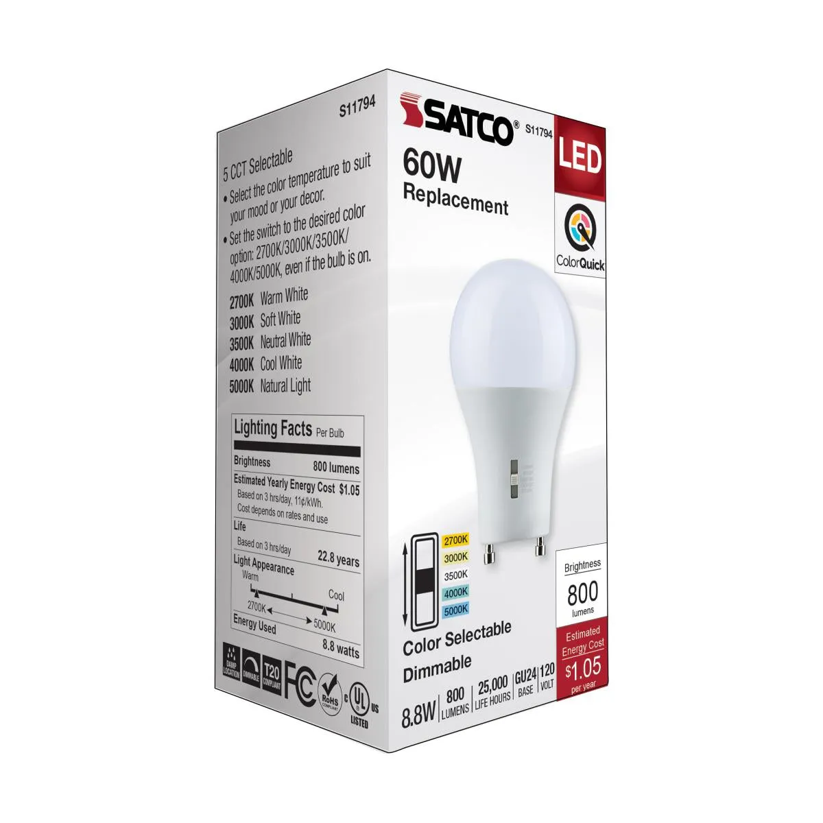 A19 LED Bulb, 9 Watts, 800 Lumens, Selectable 2700K to 5000K, GU24 Base, Frosted Finish