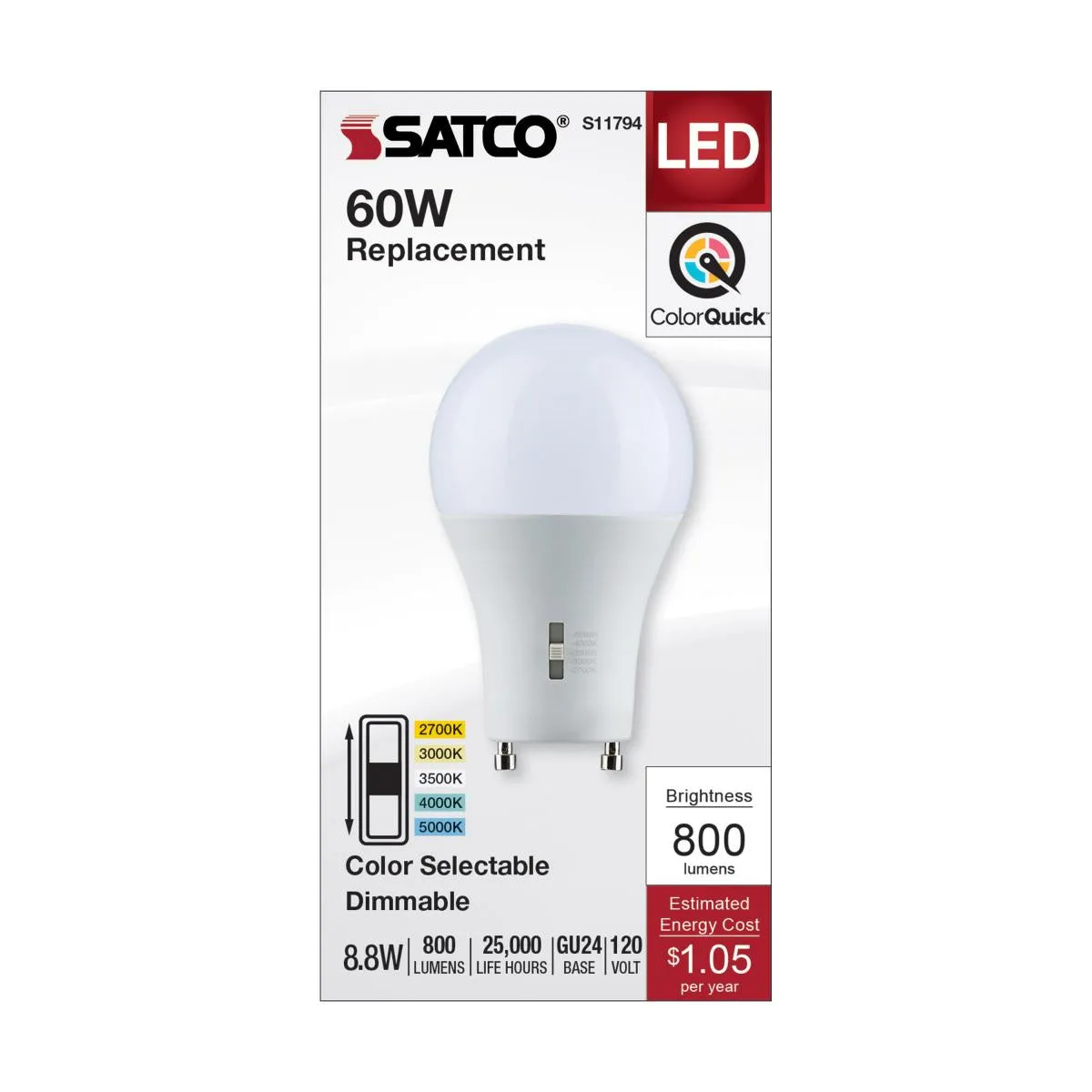 A19 LED Bulb, 9 Watts, 800 Lumens, Selectable 2700K to 5000K, GU24 Base, Frosted Finish