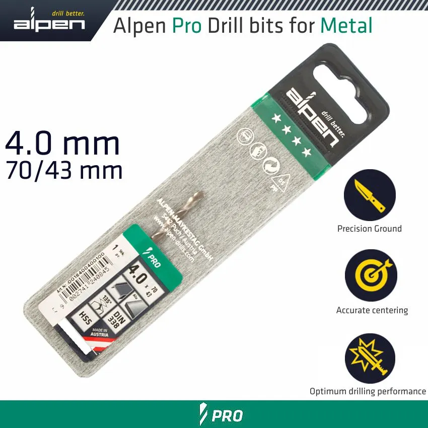 ALPEN ALPEN PRO HSS 4MM DRILL DIN 338 RN 135 SPLIT POINT PLASTIC WALLET  (1 ALP1840040