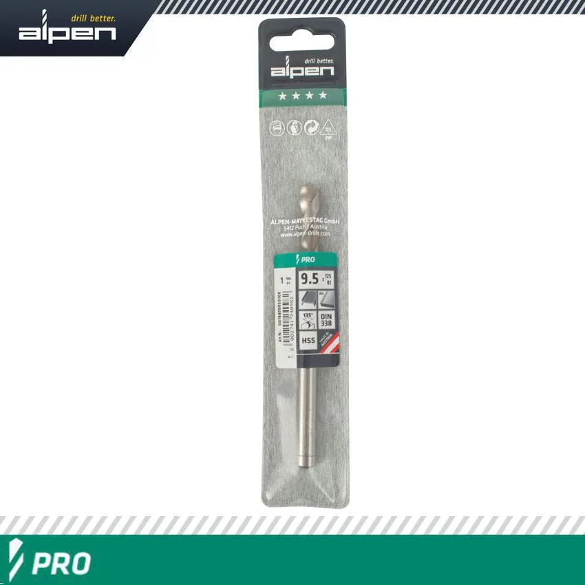 ALPEN ALPEN PRO HSS 9.5MM DRILL DIN 338 RN 135 SPLIT POINT PLASTIC WALLET ALP1840095