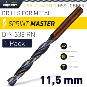 ALPEN HSS SPRINT MASTER  11.5MM X1 SLEEVED DIN338 ALPEN DRILL BIT ALP6180115