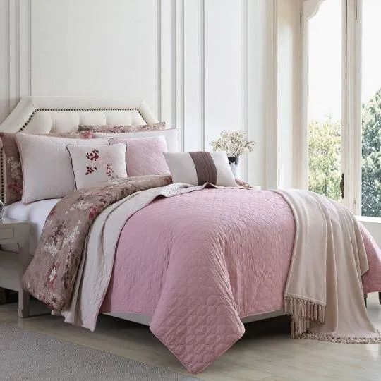 Andria 10 Piece Queen Size Comforter And Coverlet Set , Brown And Pink