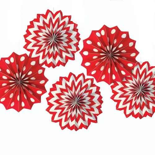 Apple Red Dots & Chevron Printed Paper Fan 8in 5pcs