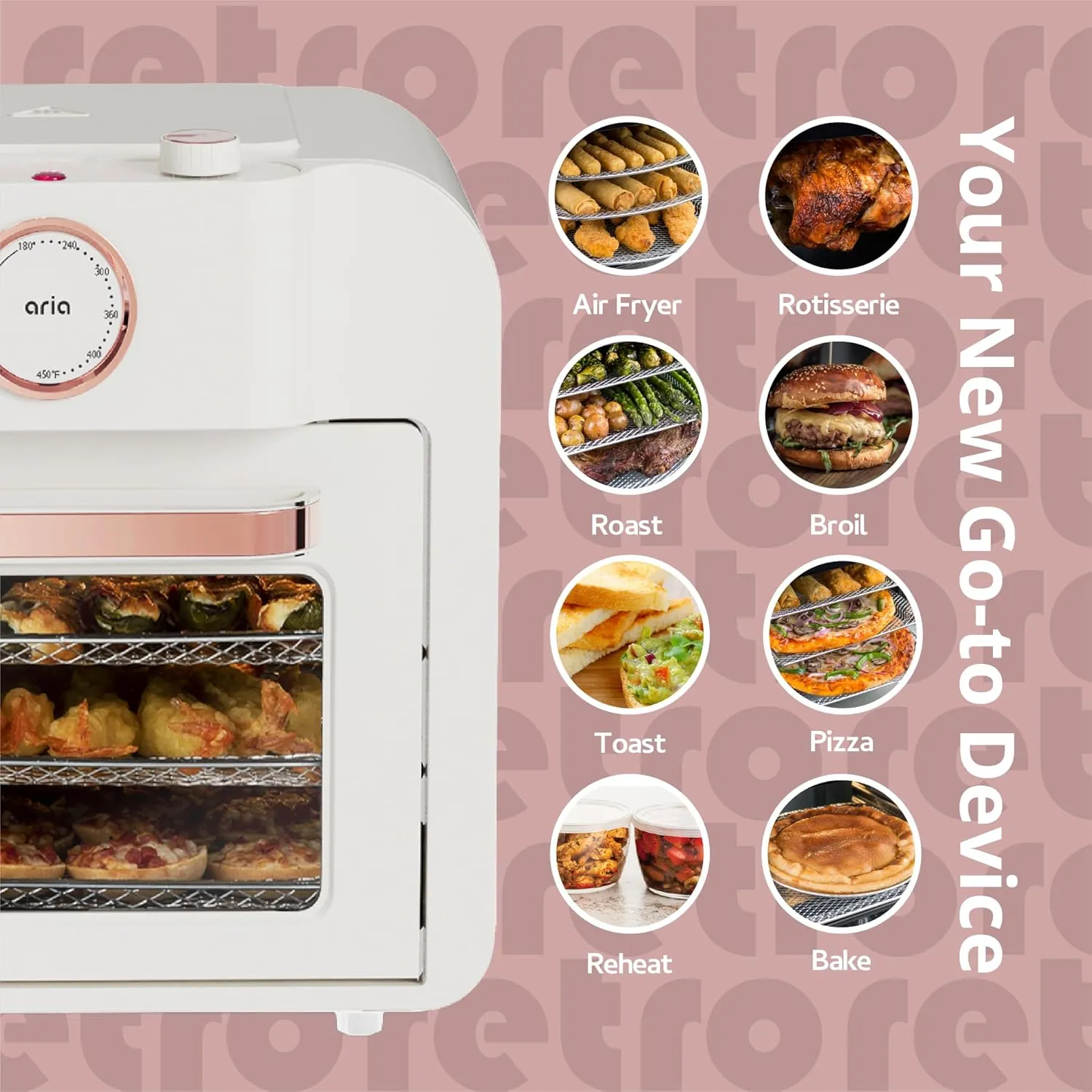 Aria Retro 17Qt Air Fryer Oven: 4-in-1 Functionality, Bake, Fry, Roast & Grill Complete with Air Fryer Basket & Mesh Trays