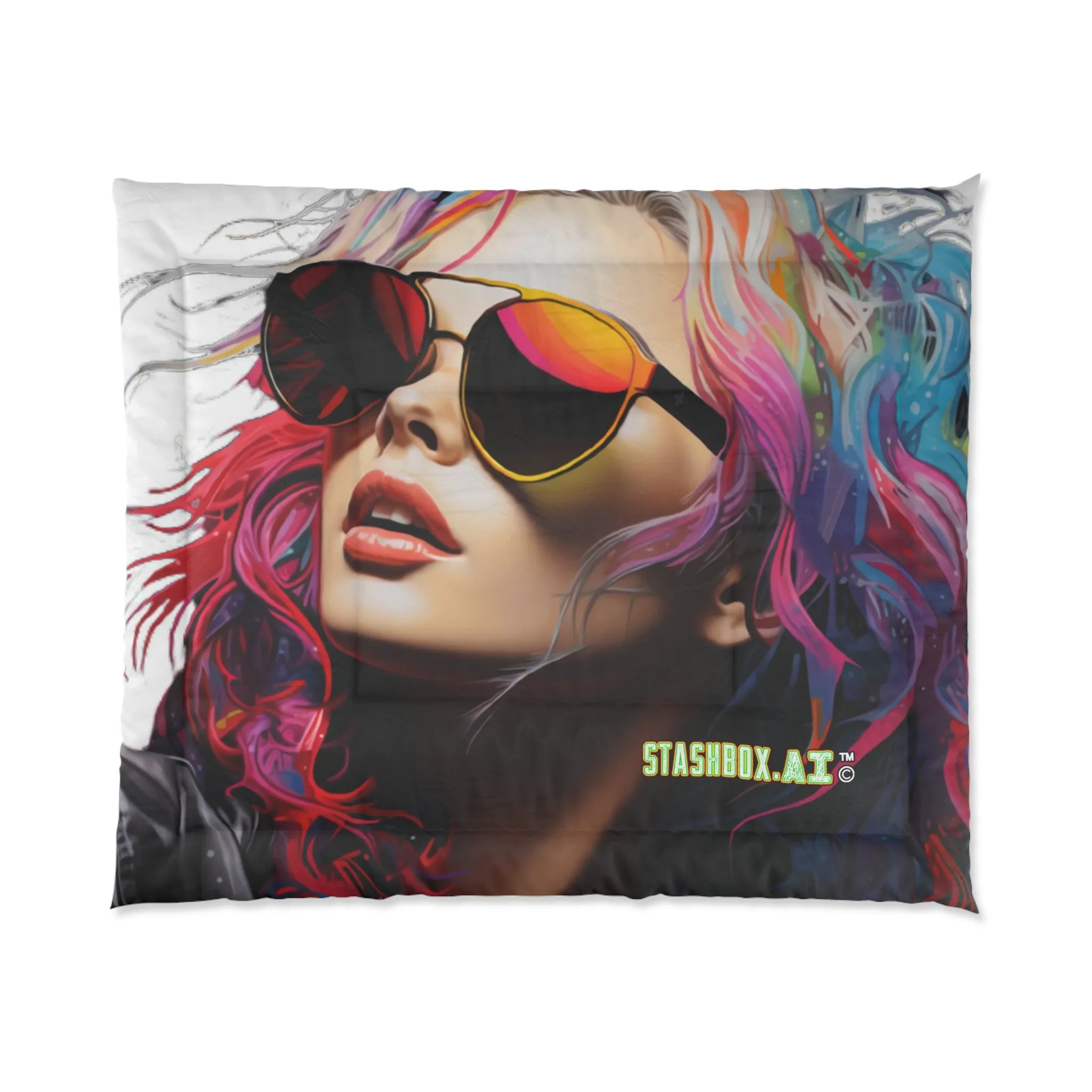 Bedding Comforter Beautiful Model w/Sunglasses Drawn with Rainbow Ink #013