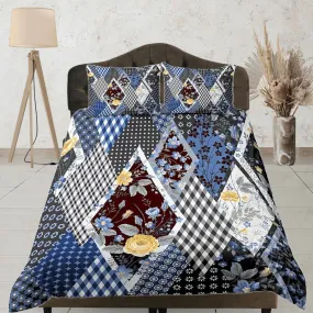 Blue floral and plaid patchwork quilt printed duvet cover set, aesthetic room bedding set full, king, queen size, boho bedspread shabby chic