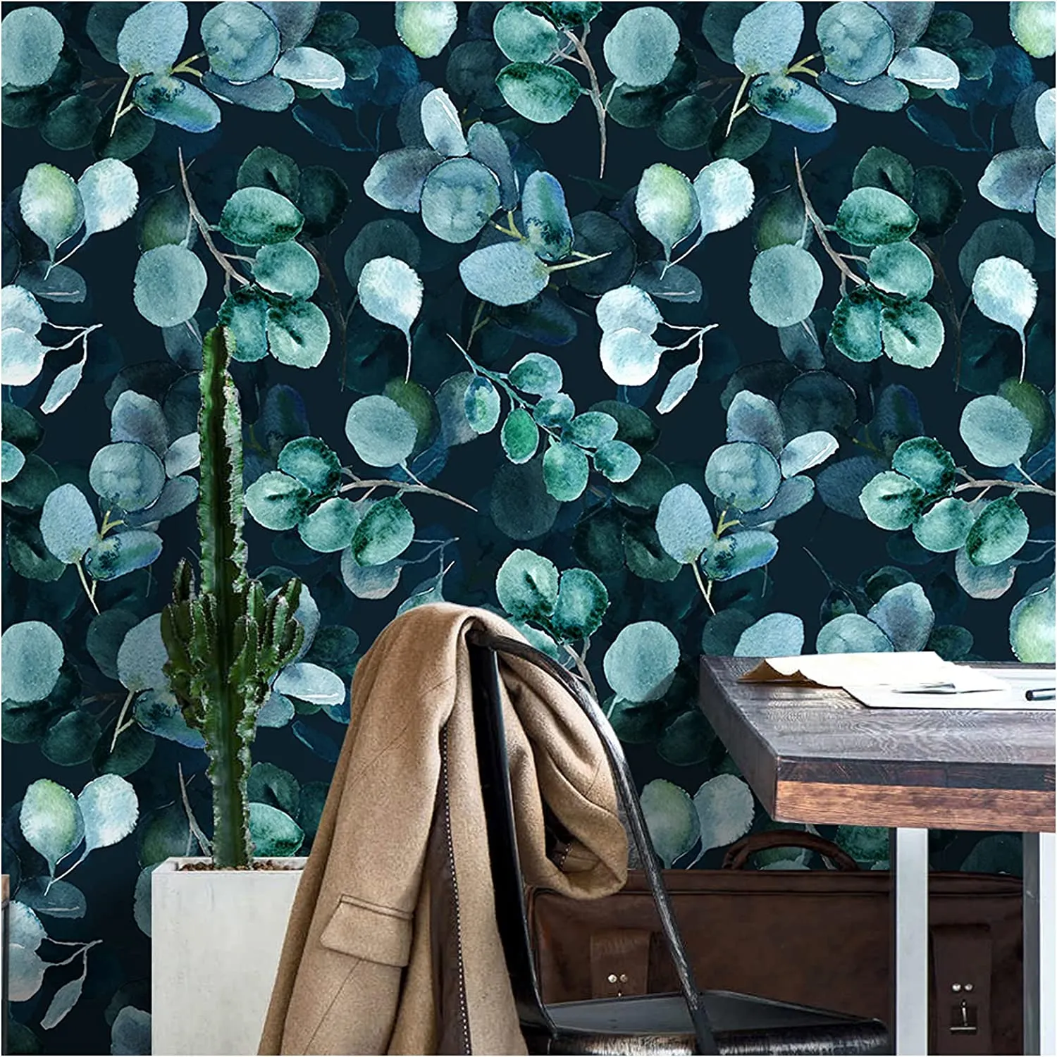 Boho Wallpaper Eucalyptus Leaves Navy/Green 17.7in x 118in