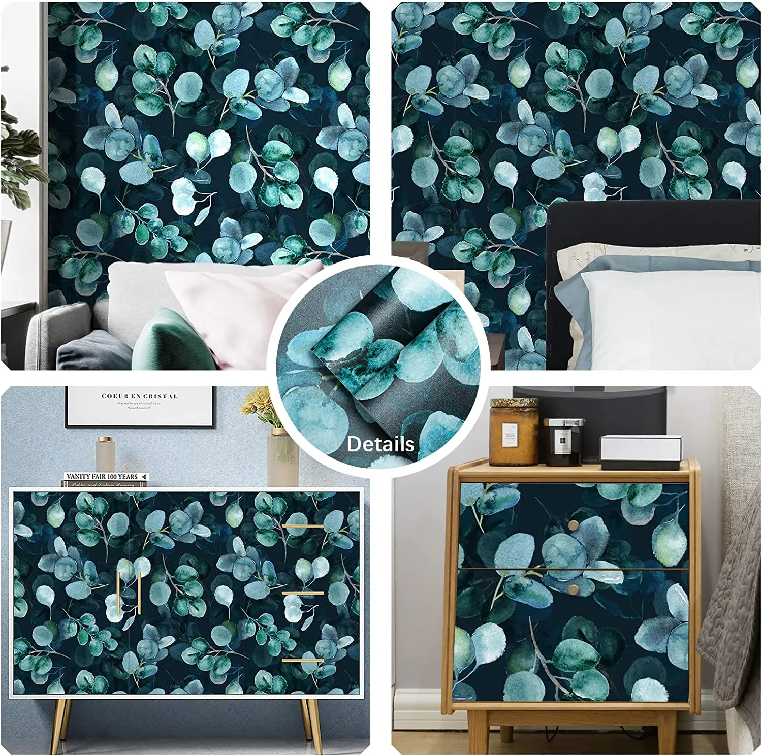 Boho Wallpaper Eucalyptus Leaves Navy/Green 17.7in x 118in