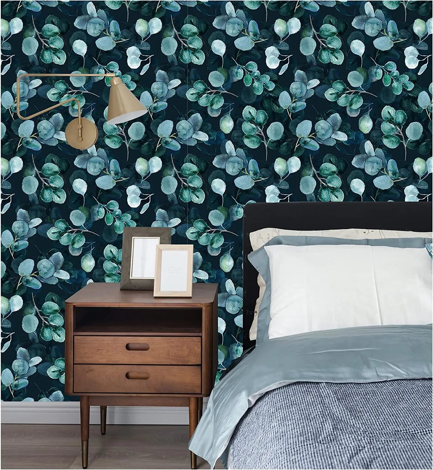 Boho Wallpaper Eucalyptus Leaves Navy/Green 17.7in x 118in