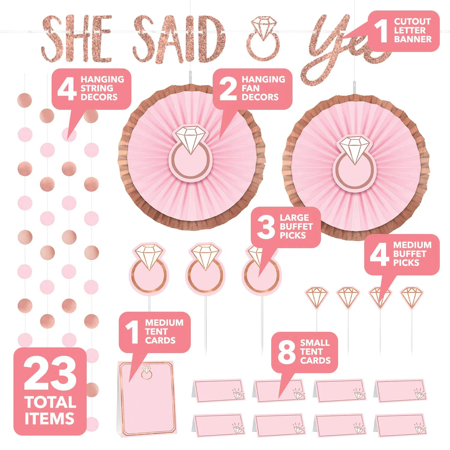 Bridal and Bachelorette Party Supplies - Blush Pink Metallic Diamond Ring Table Decorations, Food Accessories, and Hanging Decor (29 Piece Set)