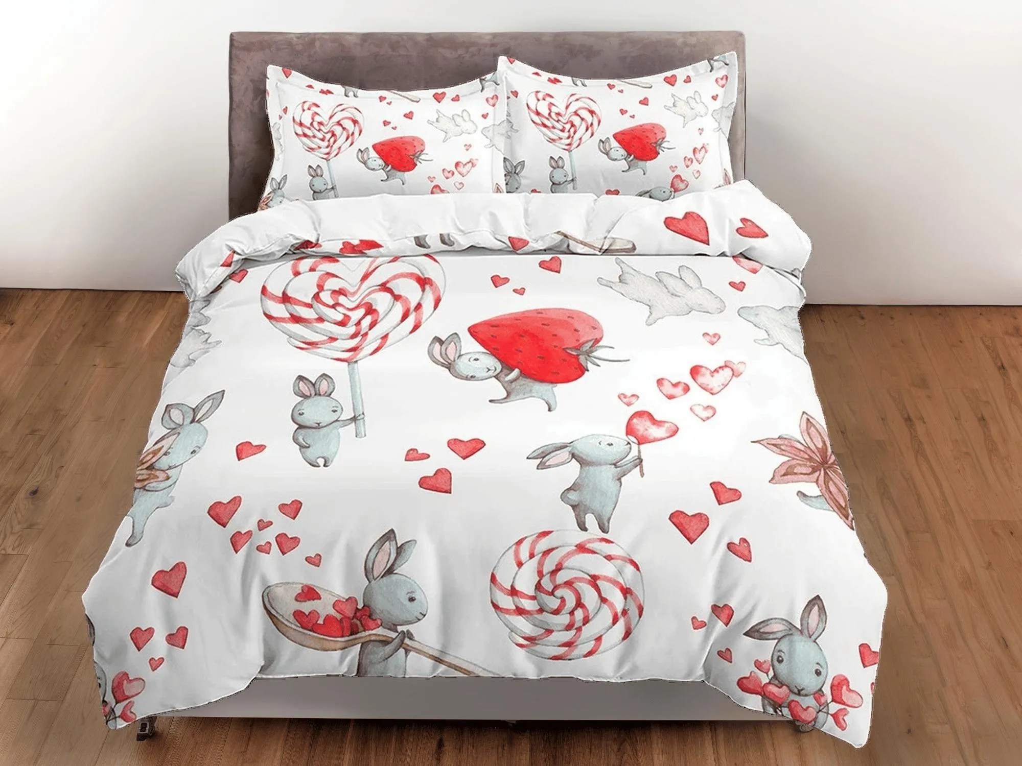 Bunny Holding Strawberry Candy Bedding, Duvet Cover Pillowcase, Zipper Bedding, Dorm Bedding, Teens Adult Duvet King Queen Full Twin Single