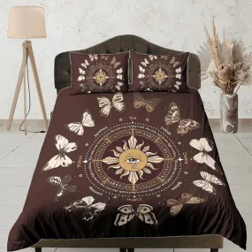 Celestial bedding brown, witchy decor dorm bedding, aesthetic duvet cover set, boho bedding set full king queen, astrology gifts, gothic art