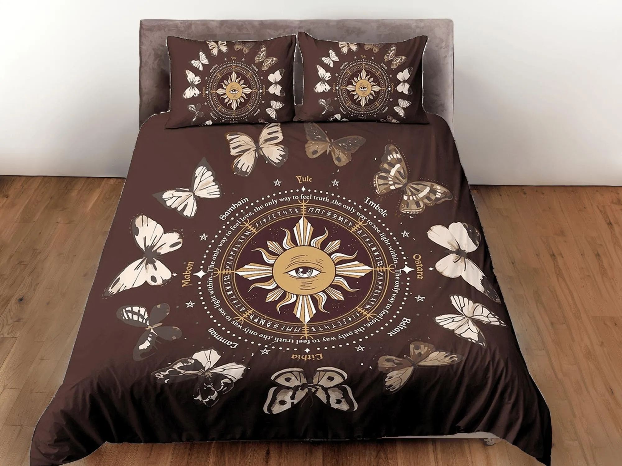 Celestial bedding brown, witchy decor dorm bedding, aesthetic duvet cover set, boho bedding set full king queen, astrology gifts, gothic art