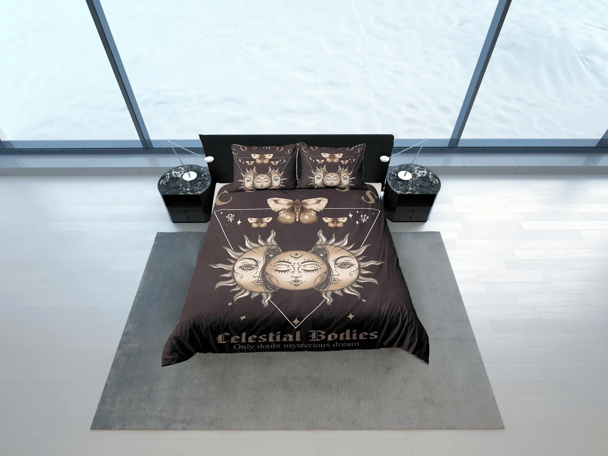 Celestial bedding full moon, mystical sun, witchy dorm bedding, aesthetic duvet, boho bedding set full king queen, astrology gift, gothic