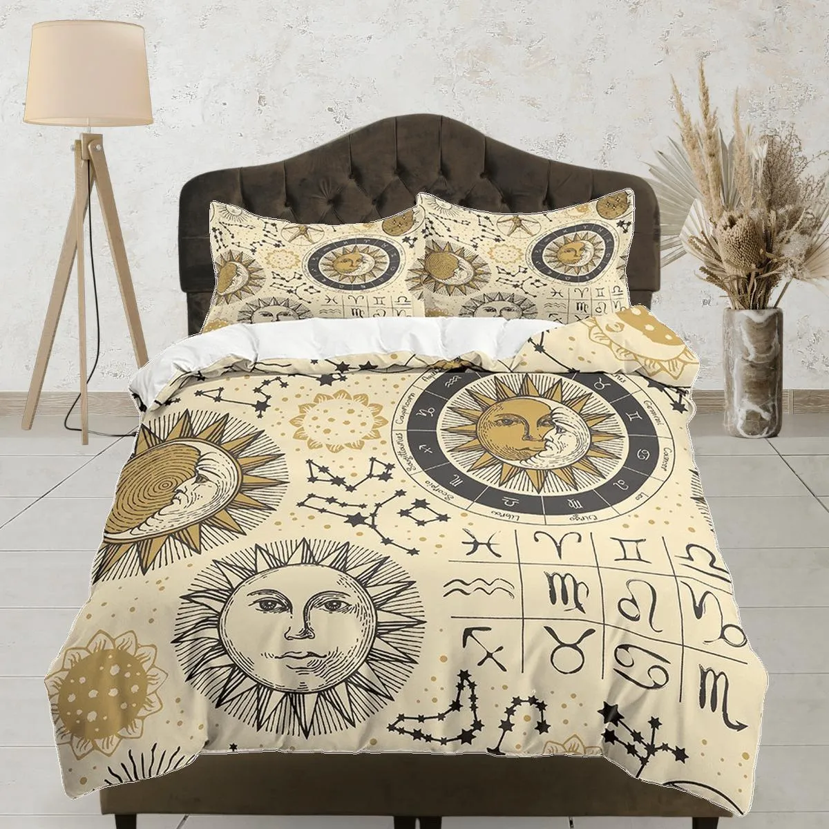 Celestial beige bedding, witchy decor dorm bedding, aesthetic duvet, boho bedding set full king queen, astrology gift, gothic art horoscope