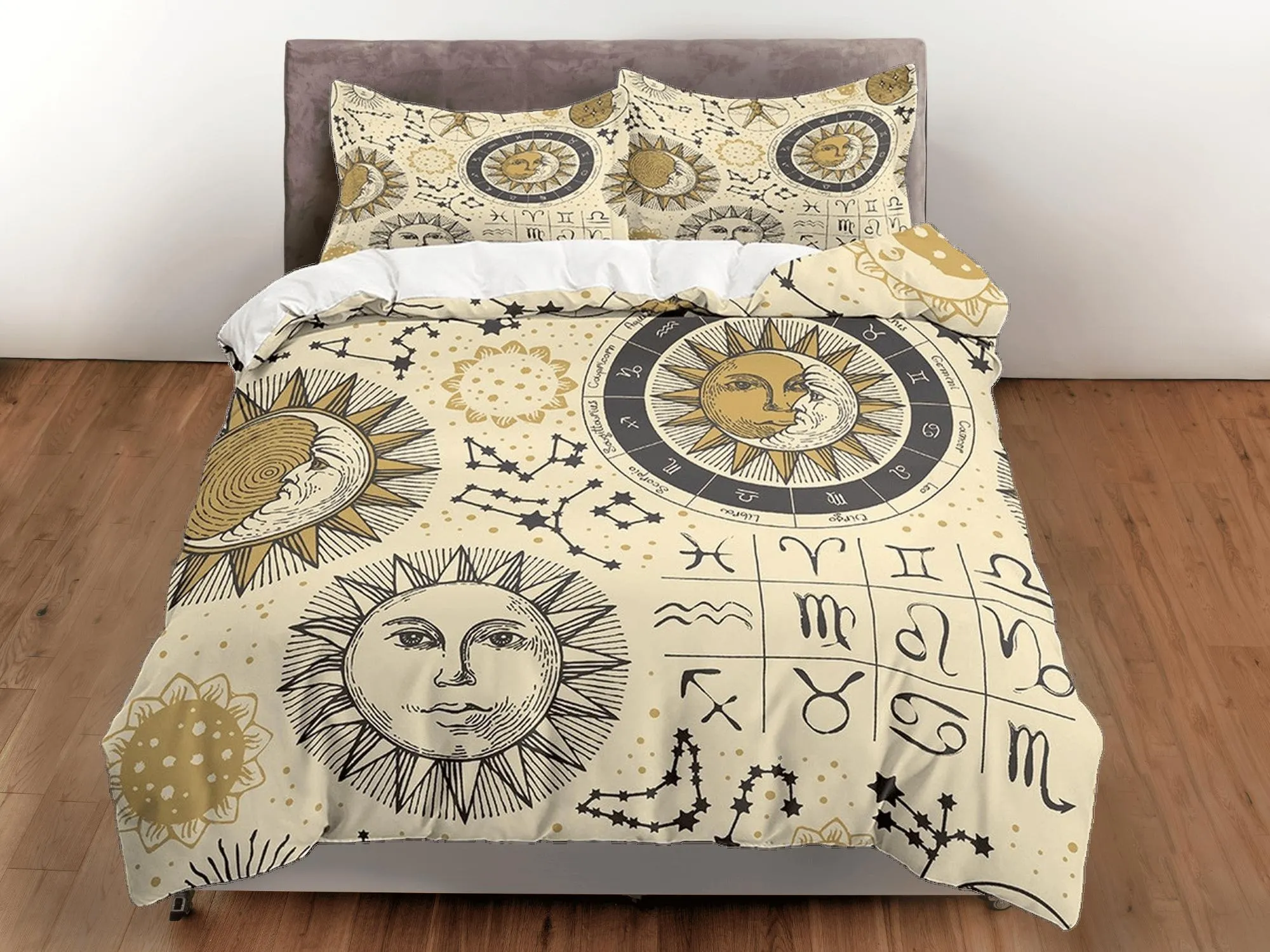 Celestial beige bedding, witchy decor dorm bedding, aesthetic duvet, boho bedding set full king queen, astrology gift, gothic art horoscope