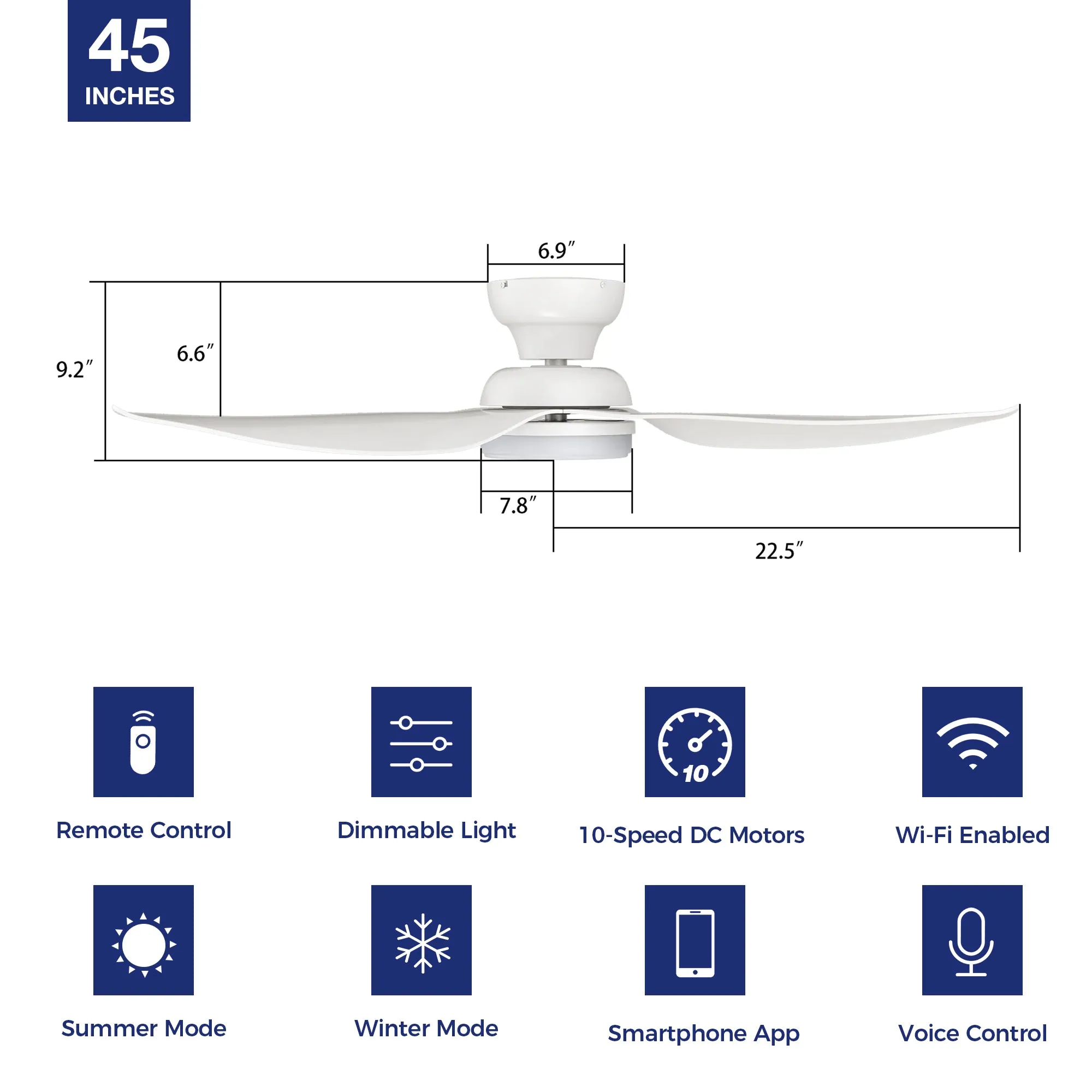 Cerise Low Profile Smart Ceiling Fan with LED Light and remote 45 inch