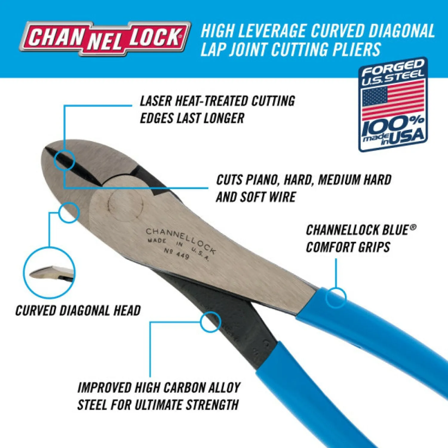 Channellock 449 9.5 Inch Curved Diagonal Cutting Pliers