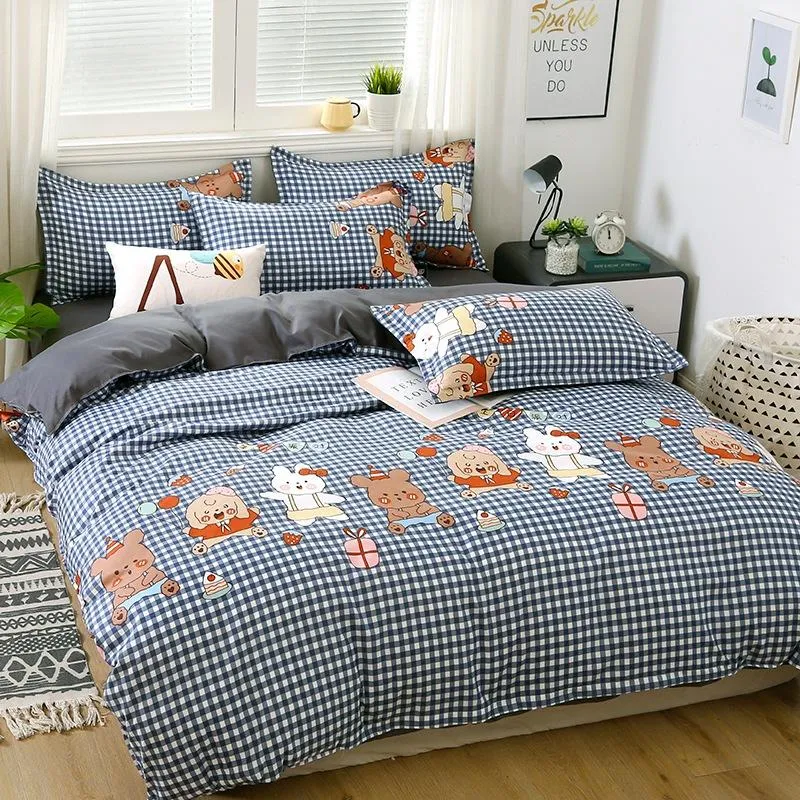 Checkered Blue and Bears on Grey Bedding Set