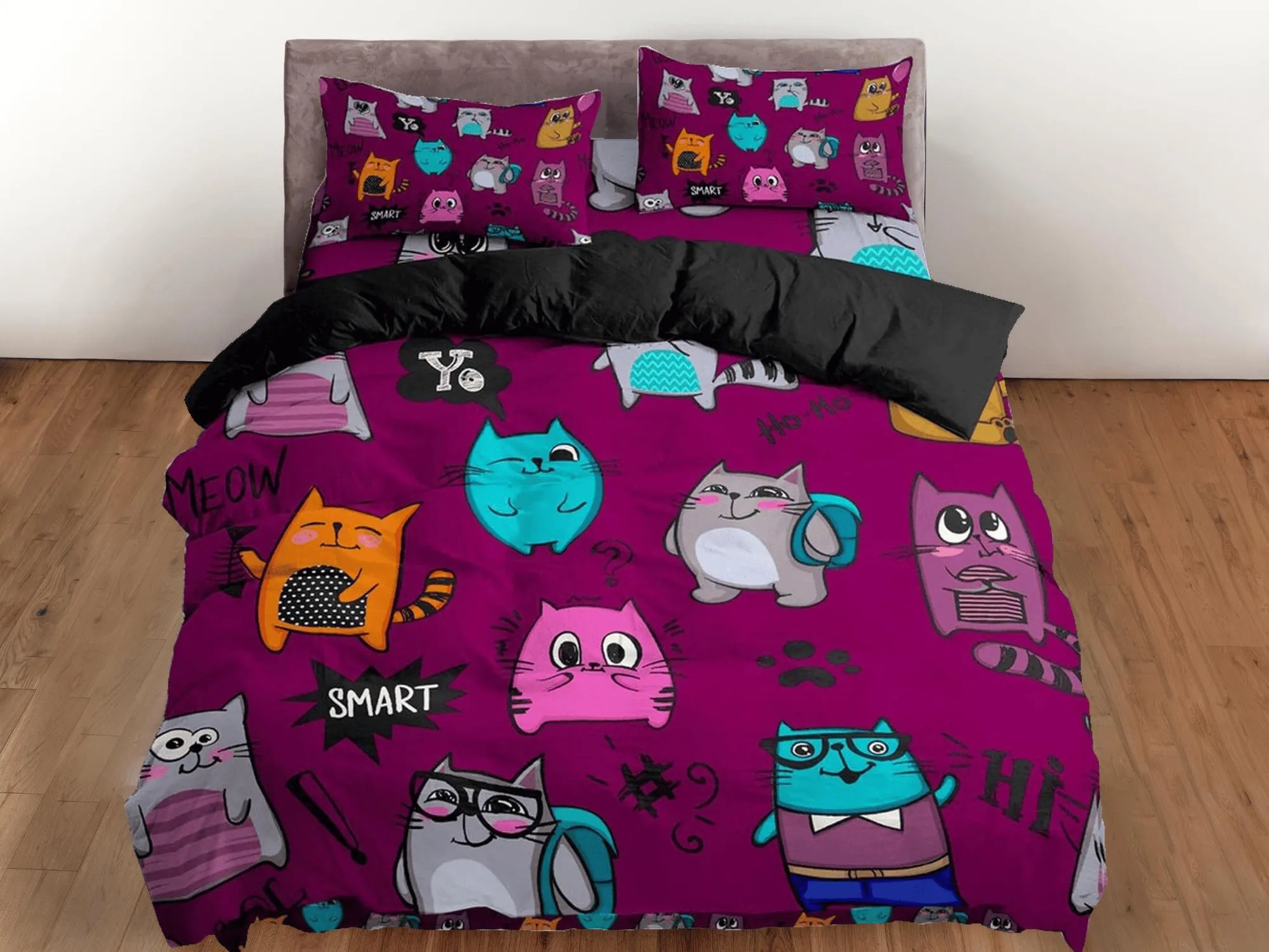 Colorful cute cat bedding violet, toddler bedding, kids duvet cover set, gift for cat lovers, baby bedding, baby shower gift