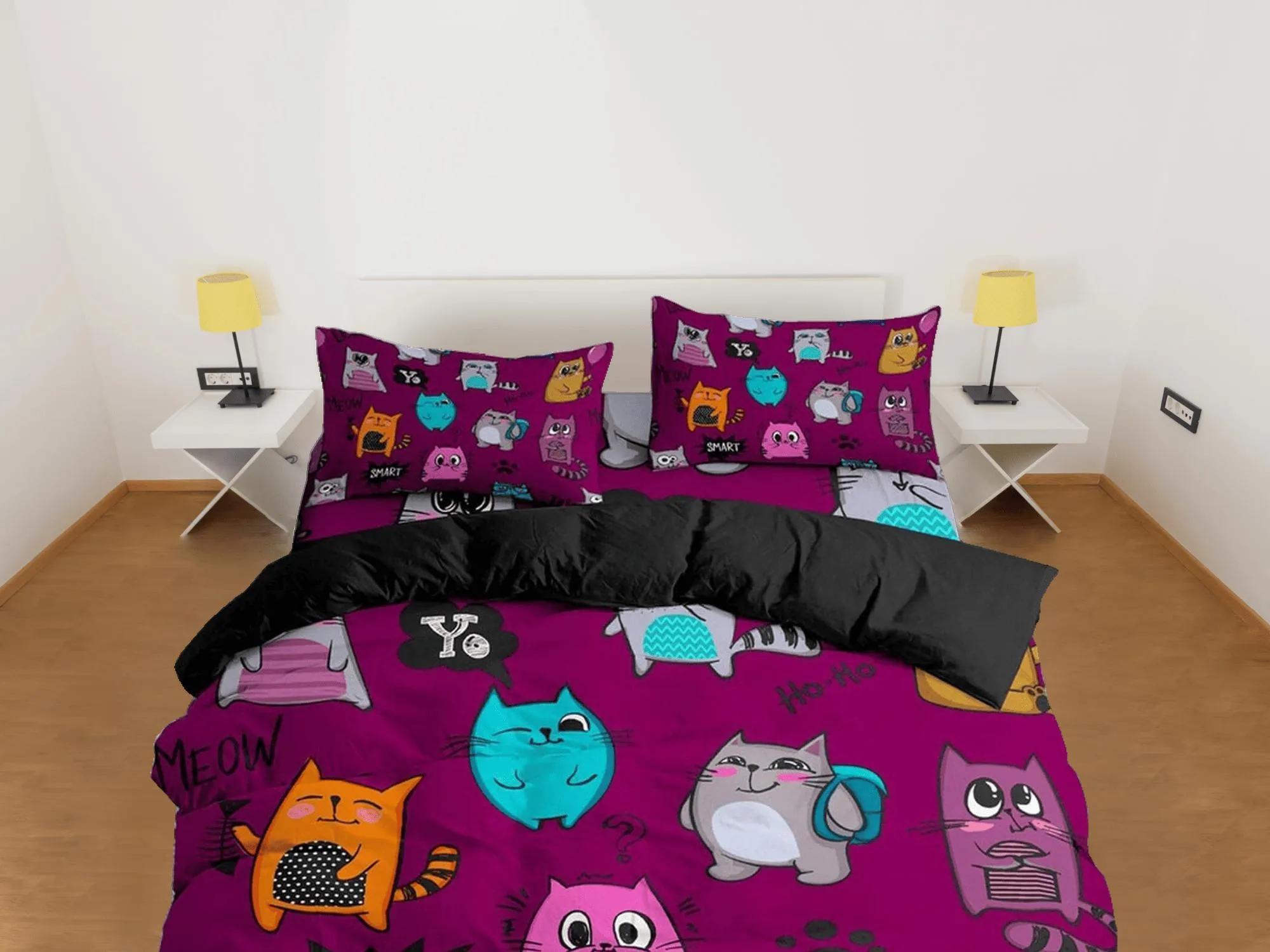 Colorful cute cat bedding violet, toddler bedding, kids duvet cover set, gift for cat lovers, baby bedding, baby shower gift