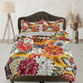 Colorful dahlia floral duvet cover colorful bedding, teen girl bedroom, baby girl crib bedding boho maximalist bedspread aesthetic bedding