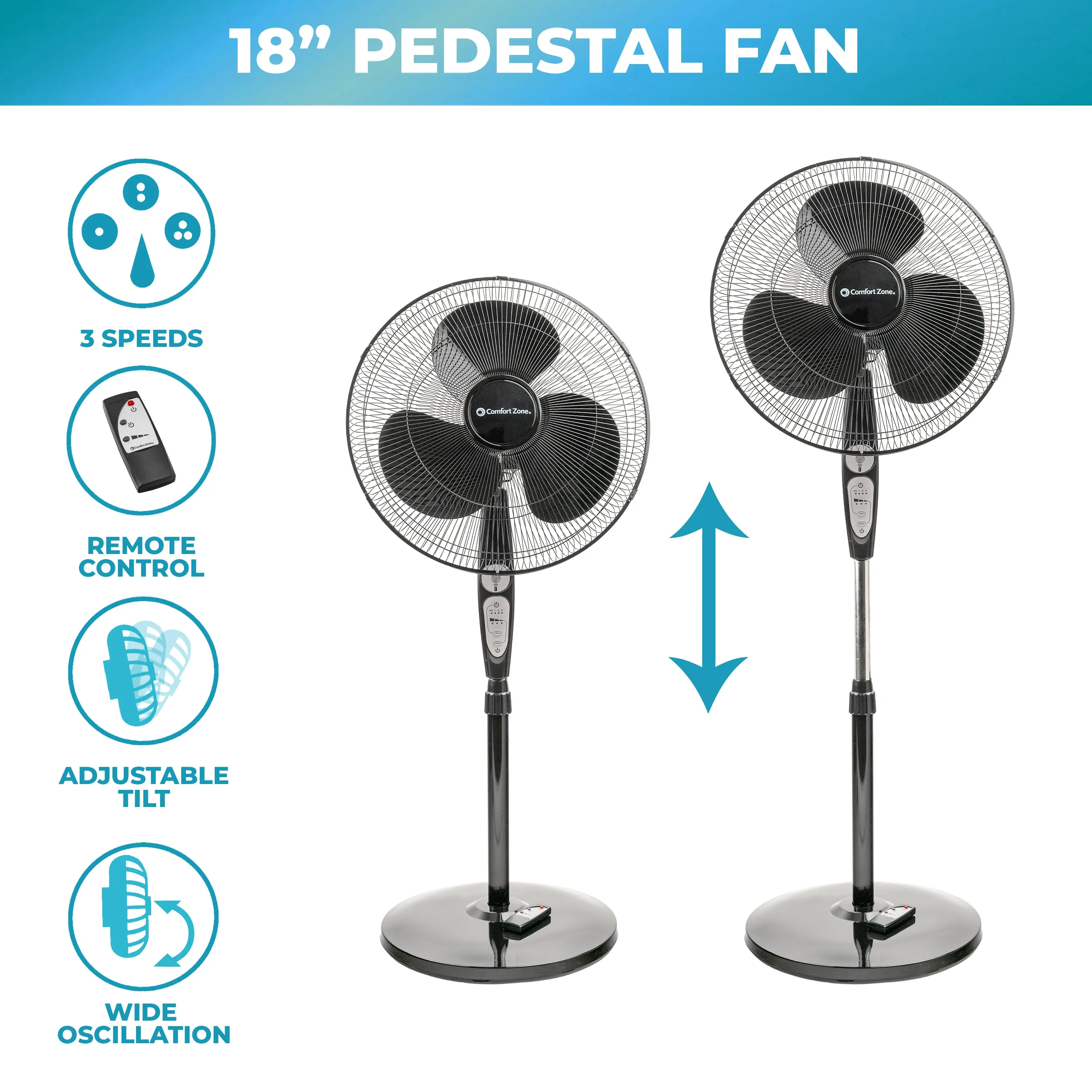 Comfort Zone 18" 3-Speed Oscillating Pedestal Fan with Remote in White & Black