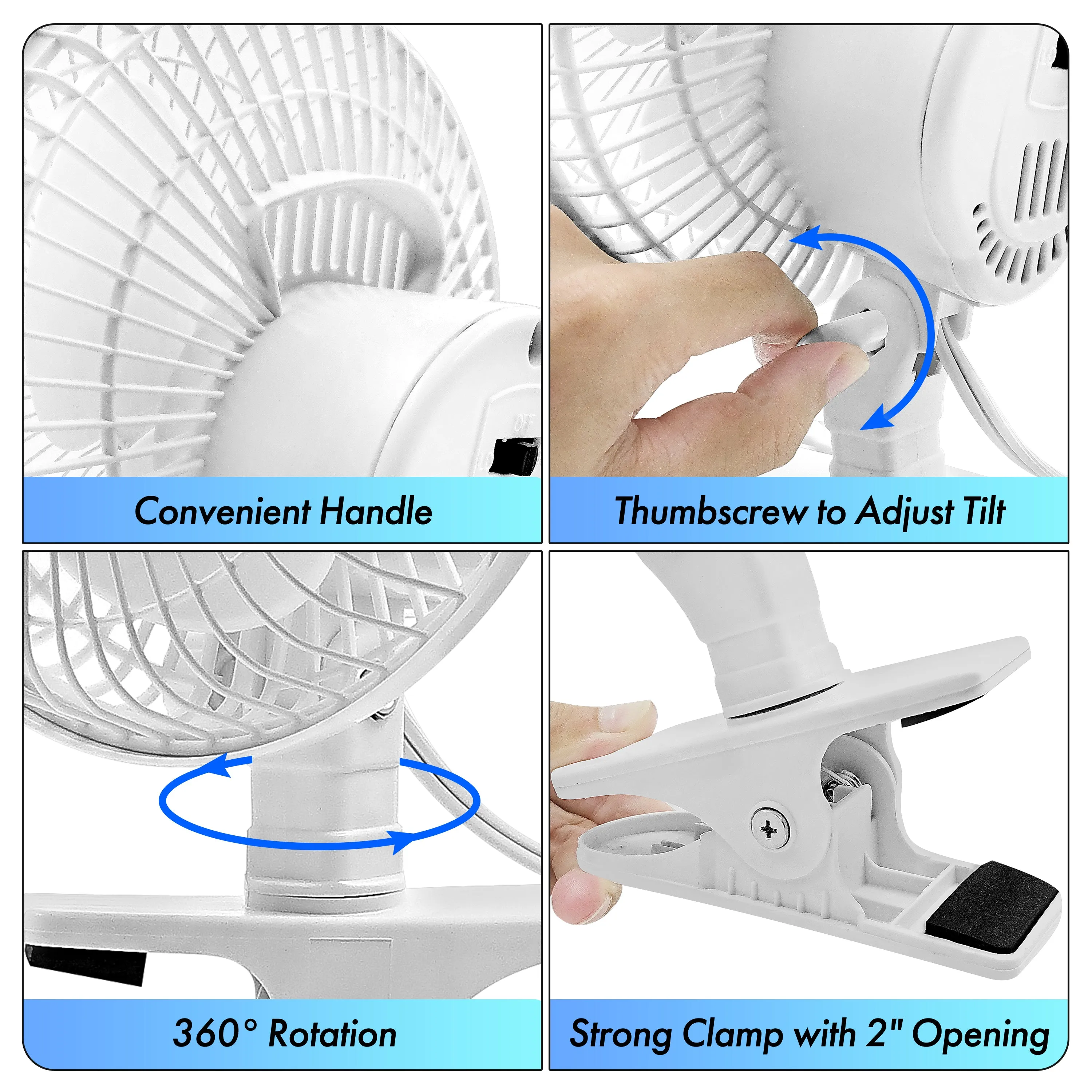 Comfort Zone 6” 2-Speed Desk Fan with Clip and Adjustable Tilt in White & Black