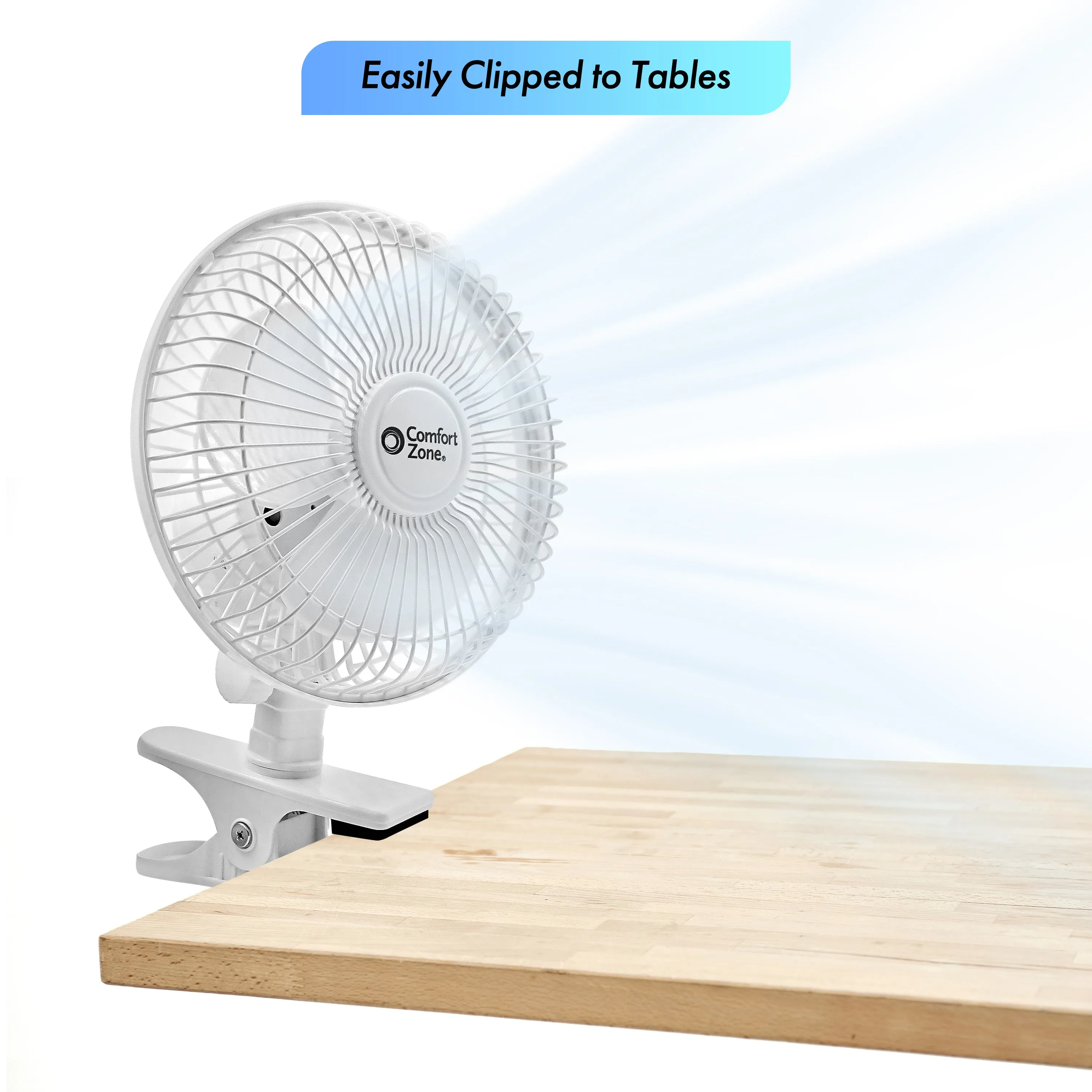 Comfort Zone 6” 2-Speed Desk Fan with Clip and Adjustable Tilt in White & Black