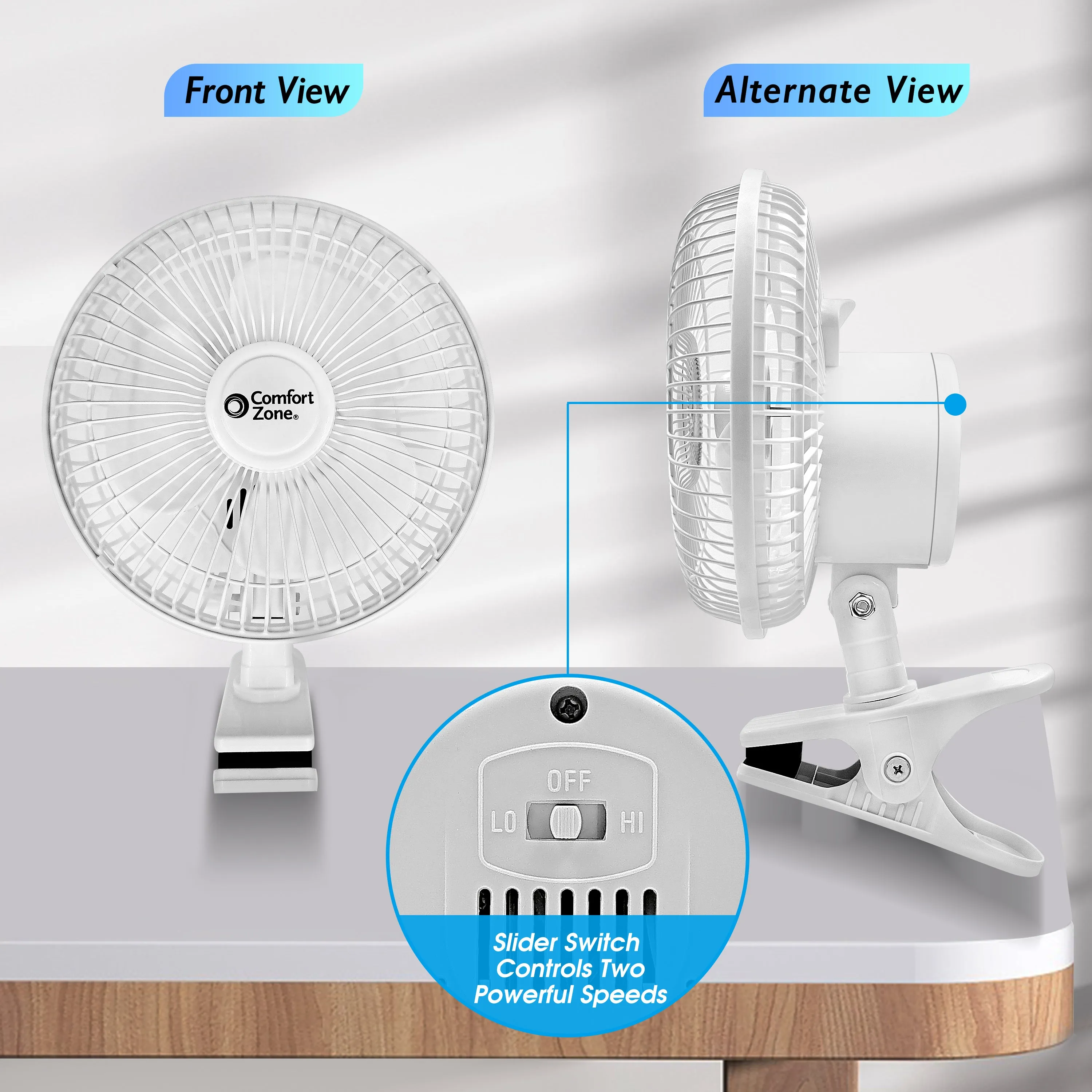 Comfort Zone 6” 2-Speed Desk Fan with Clip and Adjustable Tilt in White & Black