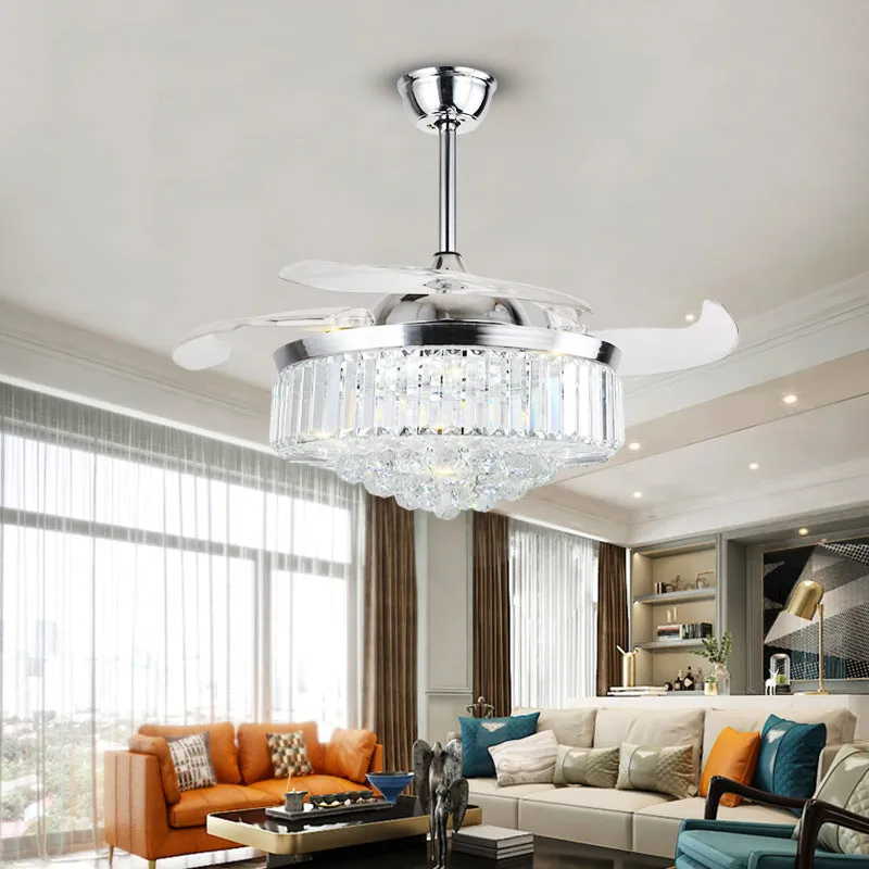 Crystal Fan Lights European Ceiling Fan Lights Living Room Bedroom Dining Room Invisible Led Fan Chandelier All Copper