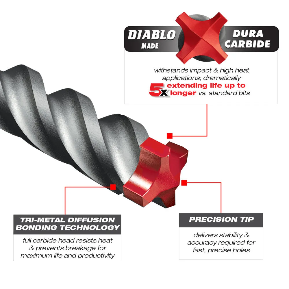 Diablo Tools DMAPL4030 3/16 in. x 2 in. x 4 in. Rebar Demon™ SDS-Plus 4-Cutter Full Carbide Head Hammer Bit