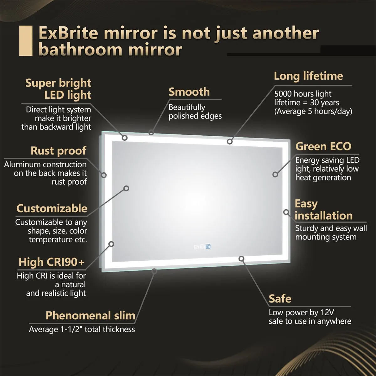 ExBrite 48"W x 36"H LED Large Bathroom Mirror,Tempered Glass,Dimmable,Anti Fog