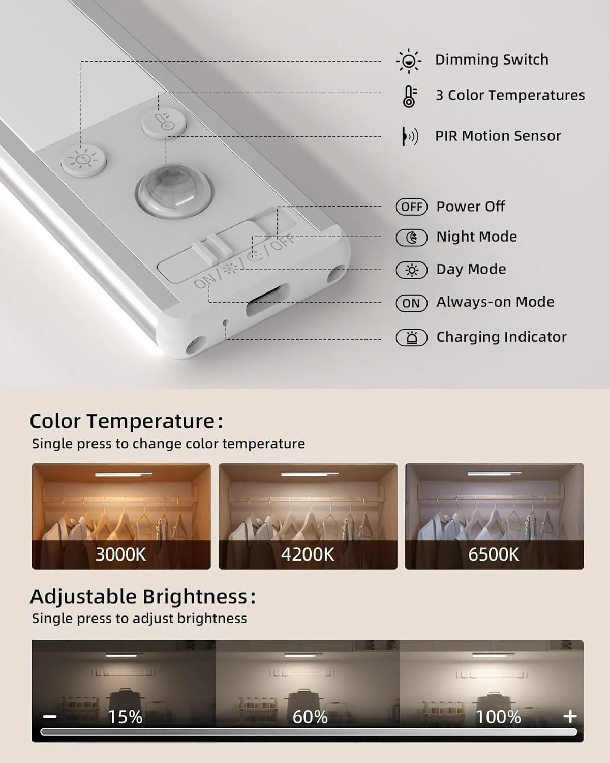 EZVALO 134 LED under Cabinet Lights, 3200Mah Rechargeable Motion Sensor Light Indoor with 3 Color Temps, Dimmable Closet Lights Wireless,Under Counter Lights for Kitchen, Wardrobe, Stair (2 Pack)