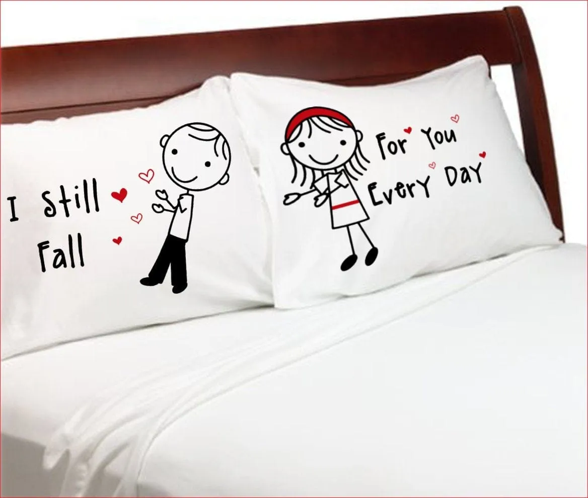 Falling in Love Pillow Cases Stick Figure Valentine Day Couple Anniversary Boyfriend Girlfriend Husband Wife His Hers Long Distance Love