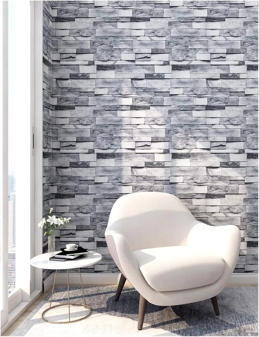 Faux Brick Stone Wallpaper 17.7in x 9.8ft Gray Self Adhesive