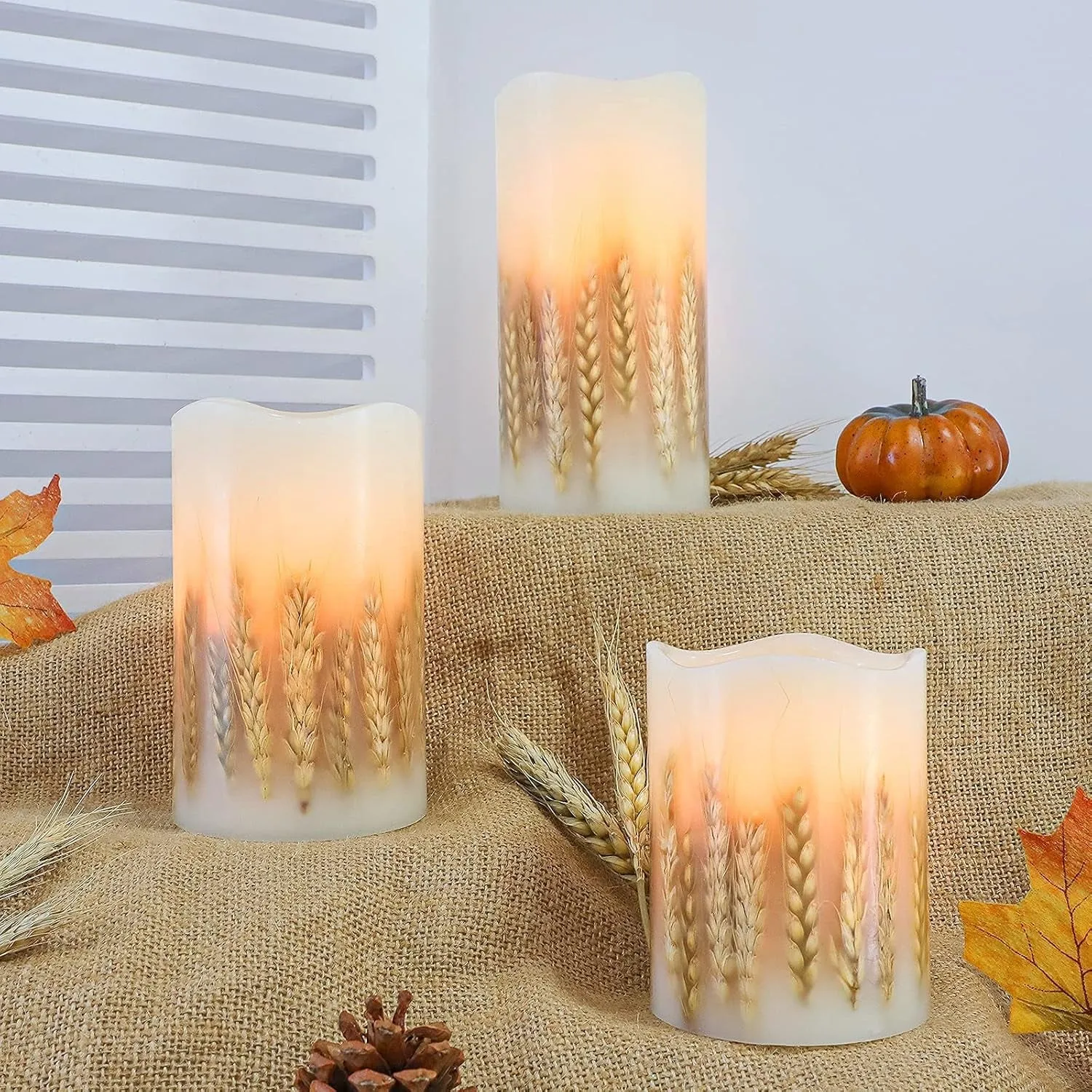 Flickering Flameless Candles with Remote, Battery Operated Wheat Embedded LED Candles, Real Wax Pillar Candles for Fall Christmas Bedroom Wedding Decoration, D3 X H4 5" 6" Set of 3