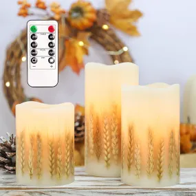 Flickering Flameless Candles with Remote, Battery Operated Wheat Embedded LED Candles, Real Wax Pillar Candles for Fall Christmas Bedroom Wedding Decoration, D3 X H4 5" 6" Set of 3