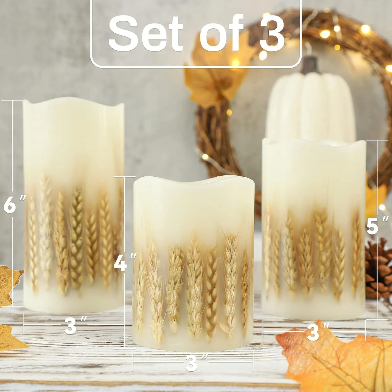 Flickering Flameless Candles with Remote, Battery Operated Wheat Embedded LED Candles, Real Wax Pillar Candles for Fall Christmas Bedroom Wedding Decoration, D3 X H4 5" 6" Set of 3